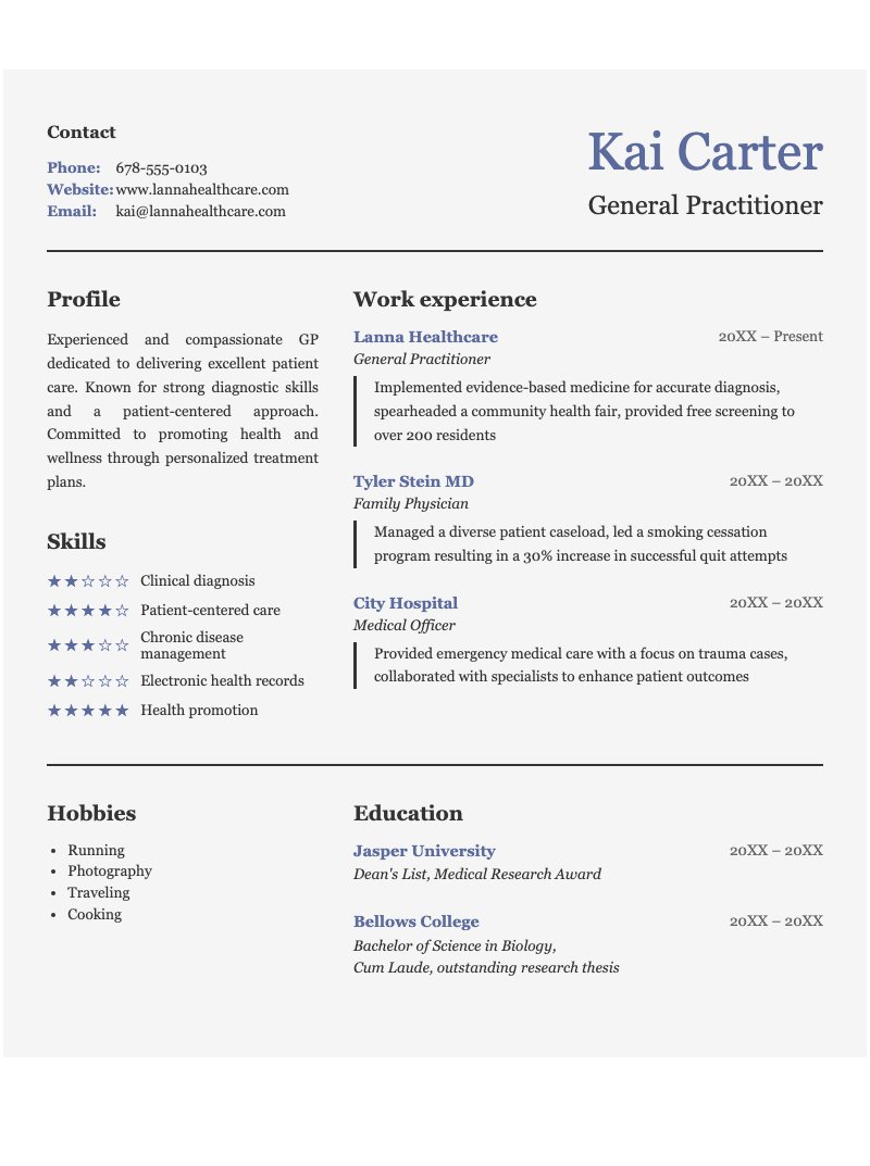 Modern sections professional resume - Elegant two-column physician resume showcasing profile, skills, experience, and education.